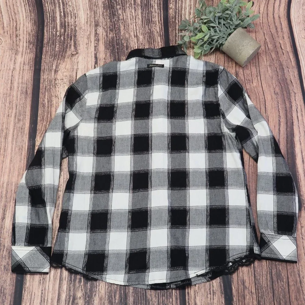 Victoria's Secret Black White Silver Long Sleeve Plaid Flannel Shirt Size XS - Picture 8 of 10